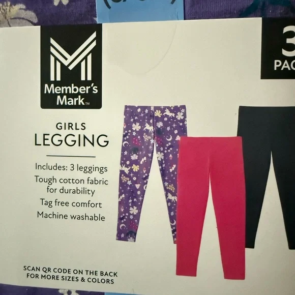 Member's Mark Girls' Purple Floral & Pink 3-Pack Leggings - Picture 2 of 4